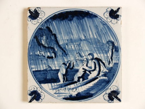 Bijbeltegel met blauwwit bijbels decor van de dieren in de ark van Noach
